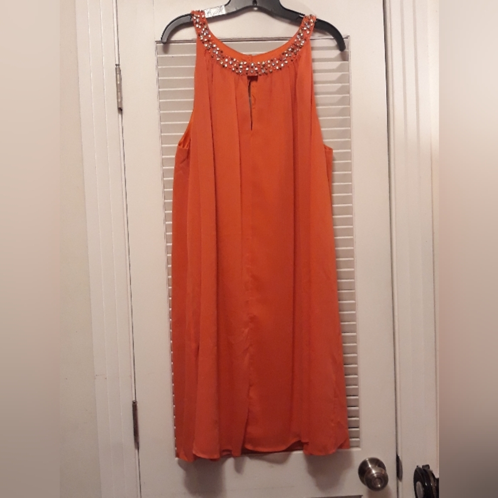 Vince Camuto Women's 18W Jeweled Beaded Orange Chiffon Shift Dress, Keyhole NWOT - Picture 4 of 11